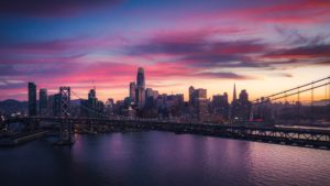 Aerial Cityscape view of San Francisco and the Bay Bridge with C